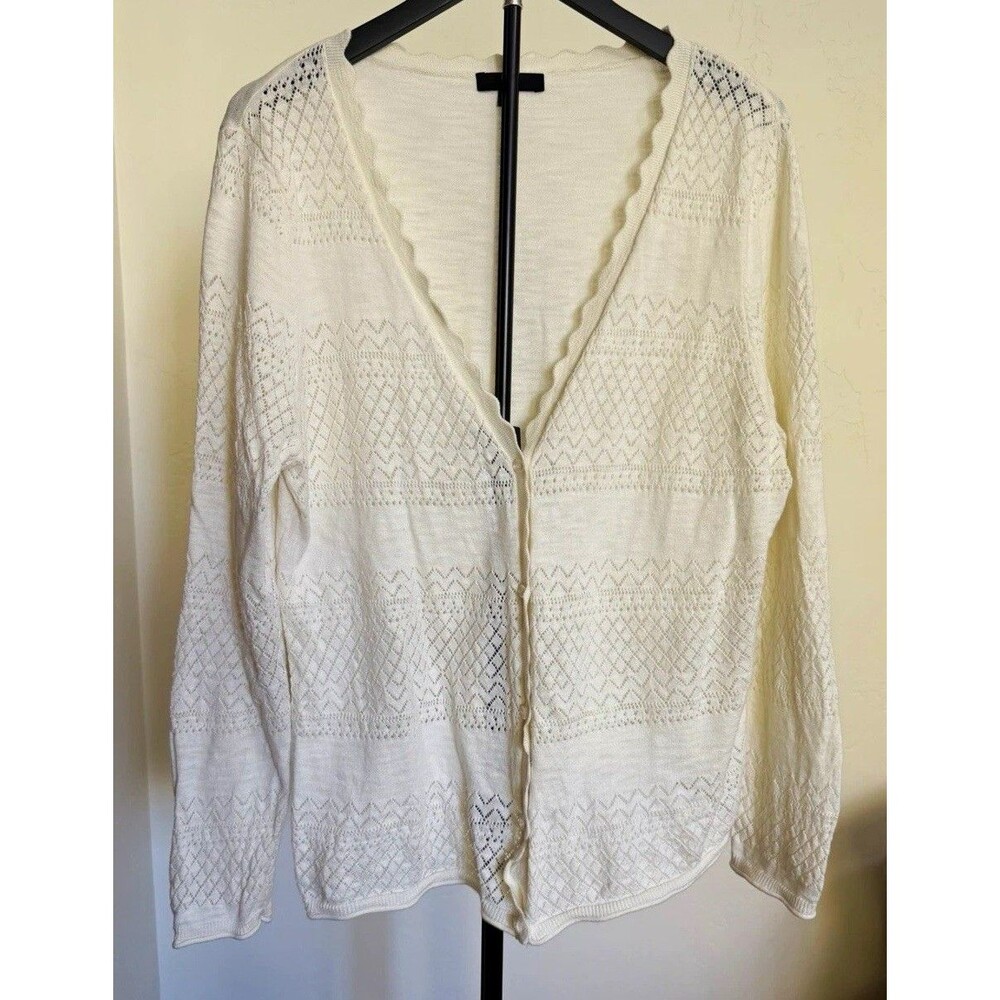Frye Women's Ivory Button-Front Pointelle Scalloped Cardigan Sweater XL Cotton